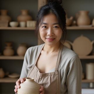 Portrait of ceramic artist Yuki Yoshida with her pottery
