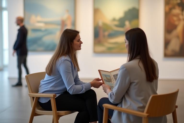 Art consultant discussing artwork with a client in a gallery setting