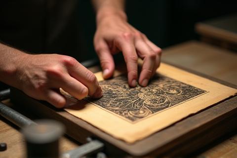Hands working on a woodblock printing press